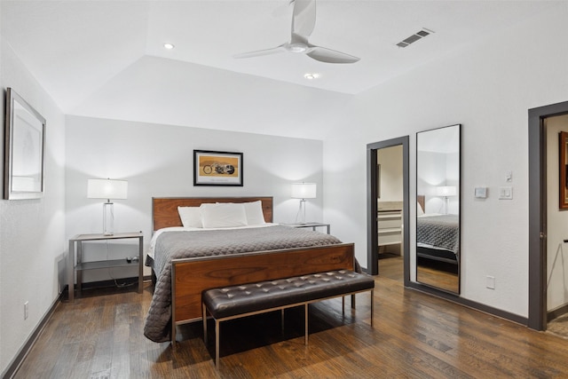 bedroom with lofted ceiling, dark wood-type flooring, and ceiling fan