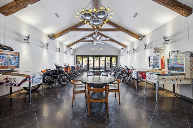 dining room featuring beam ceiling, dark tile patterned flooring, high vaulted ceiling, and a notable chandelier