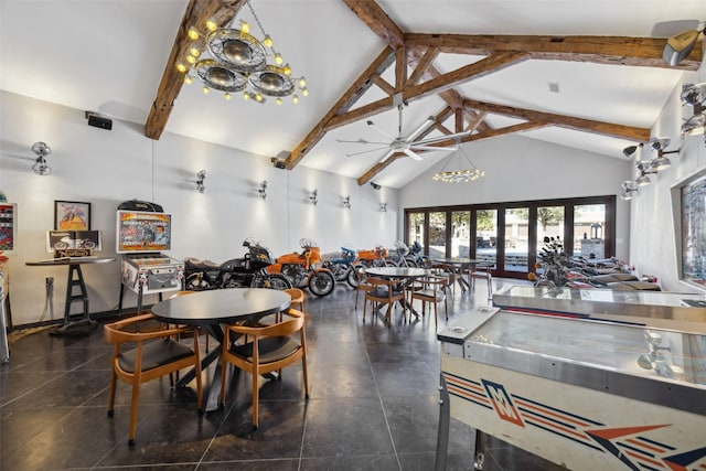 dining room with beamed ceiling, a chandelier, high vaulted ceiling, and french doors