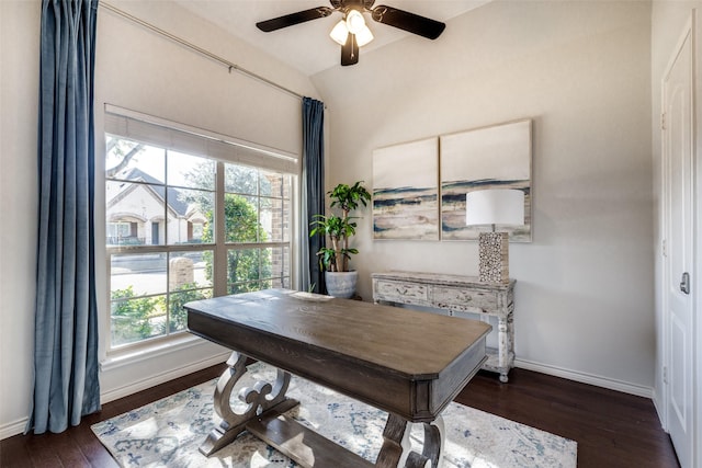 office space with ceiling fan, dark wood-type flooring, and lofted ceiling