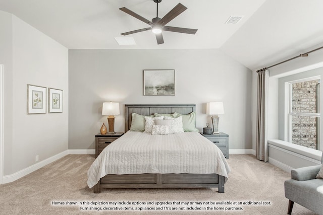 carpeted bedroom featuring vaulted ceiling and ceiling fan