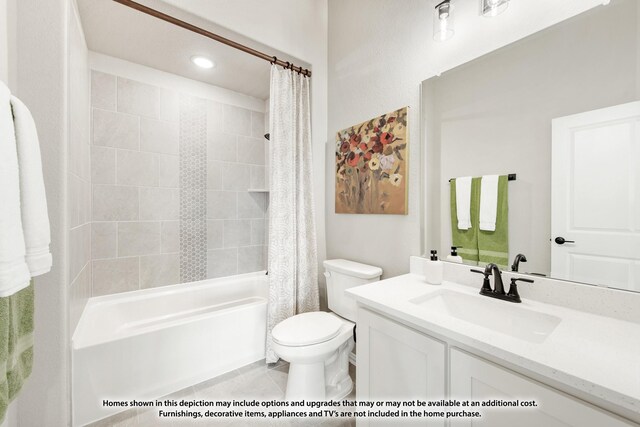 full bathroom with tile patterned flooring, vanity, shower / bath combo, and toilet