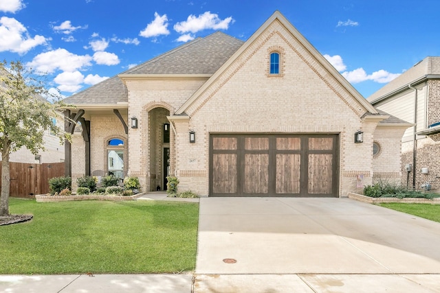 view of front of house featuring a garage and a front lawn