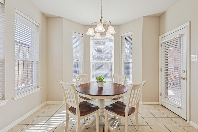 dining space with an inviting chandelier, plenty of natural light, and light tile patterned flooring