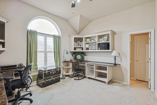 office with carpet flooring, ceiling fan, and lofted ceiling