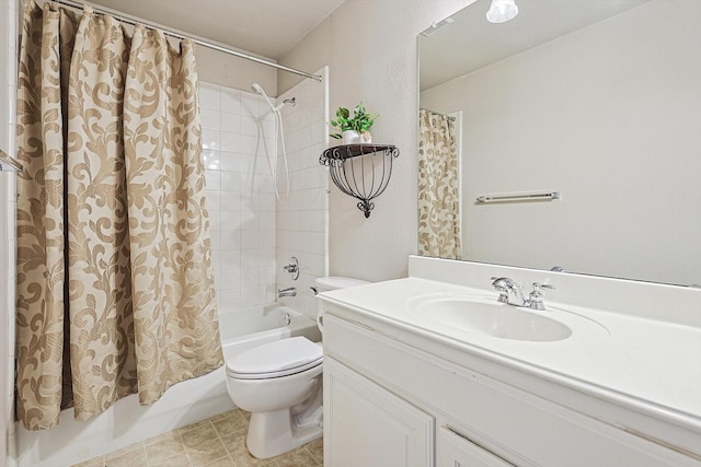 full bathroom with shower / tub combo, vanity, and toilet