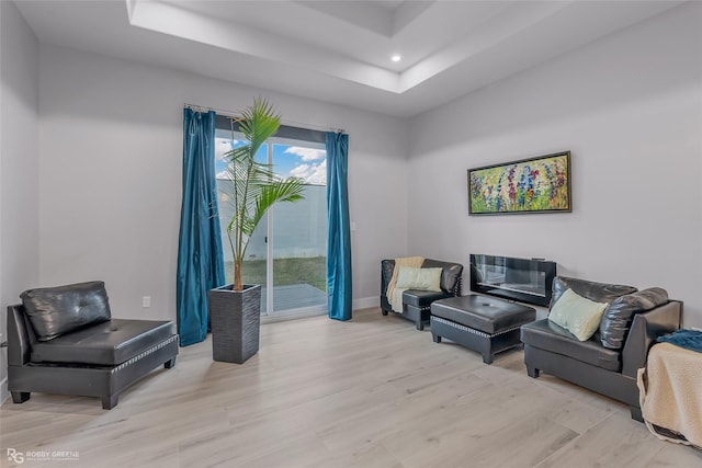 living room featuring a raised ceiling and light hardwood / wood-style flooring