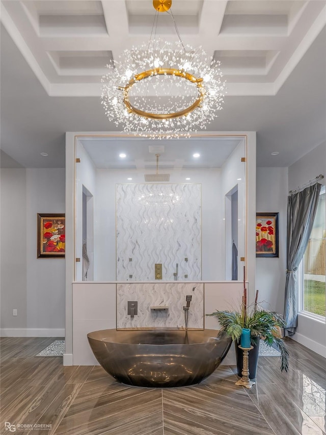 bathroom featuring hardwood / wood-style floors, coffered ceiling, walk in shower, beam ceiling, and a chandelier