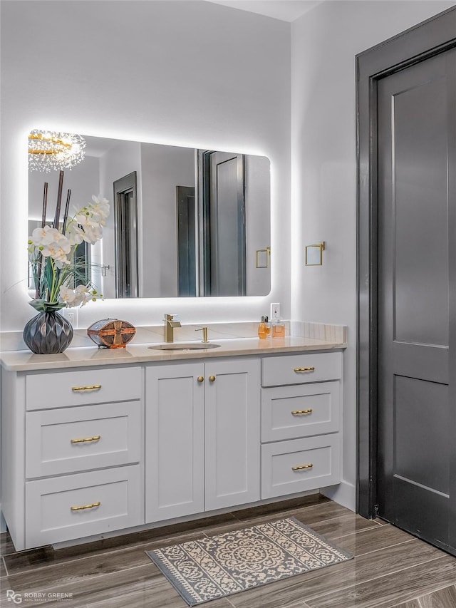 bathroom featuring hardwood / wood-style floors and vanity