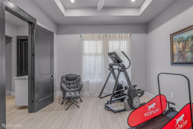 workout room with a raised ceiling and light hardwood / wood-style floors