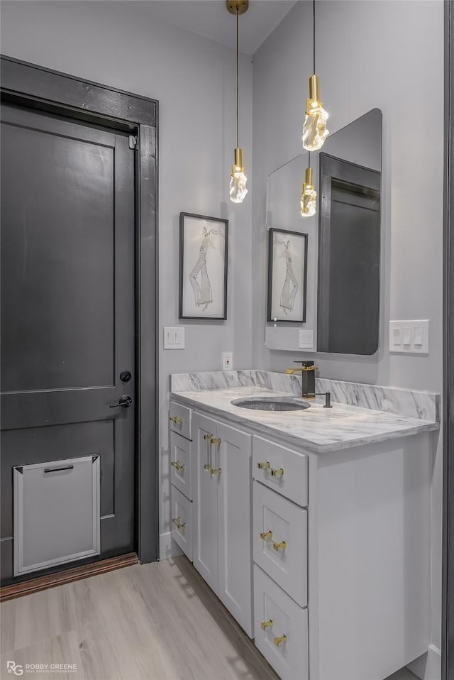 bathroom with hardwood / wood-style flooring and vanity