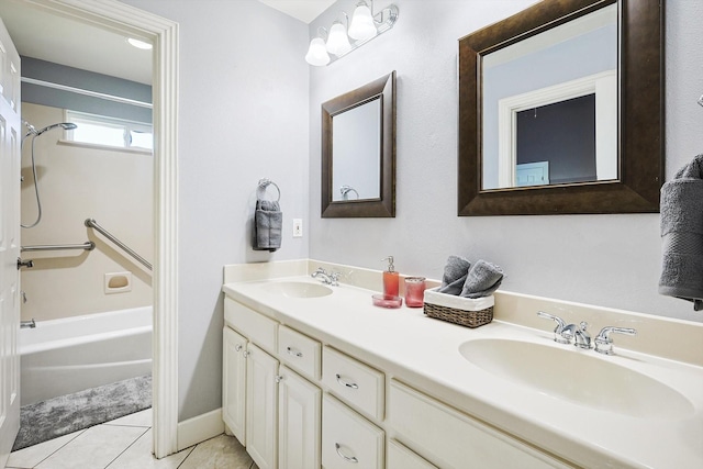 bathroom featuring vanity,  shower combination, and tile patterned floors