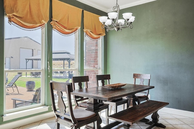 tiled dining room with crown molding and a notable chandelier