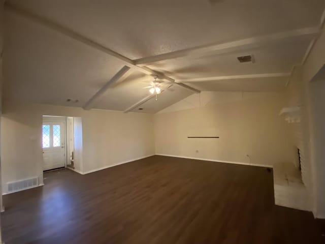 interior space with dark hardwood / wood-style flooring, vaulted ceiling with beams, and ceiling fan