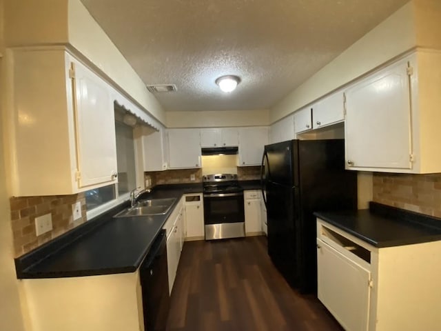 kitchen with black appliances, sink, dark hardwood / wood-style floors, a textured ceiling, and white cabinetry