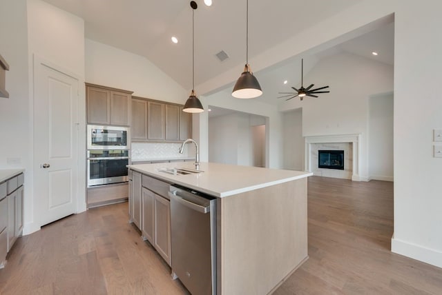 kitchen with sink, a premium fireplace, an island with sink, tasteful backsplash, and stainless steel appliances