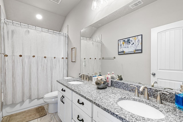 full bathroom with vanity, shower / bath combination with curtain, and toilet