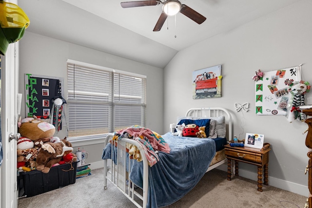 carpeted bedroom featuring ceiling fan and lofted ceiling