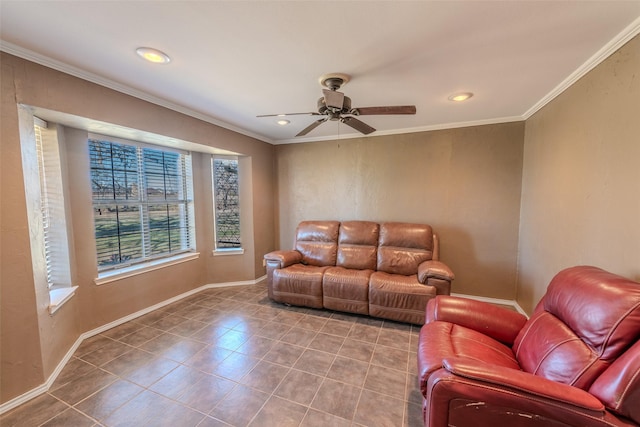 tiled living area with recessed lighting, baseboards, ornamental molding, and a ceiling fan