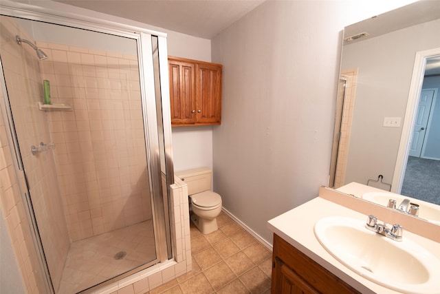 full bath with visible vents, a shower stall, toilet, tile patterned floors, and vanity