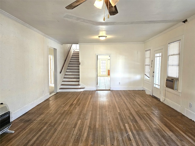 unfurnished living room featuring cooling unit, crown molding, ceiling fan, dark hardwood / wood-style flooring, and heating unit