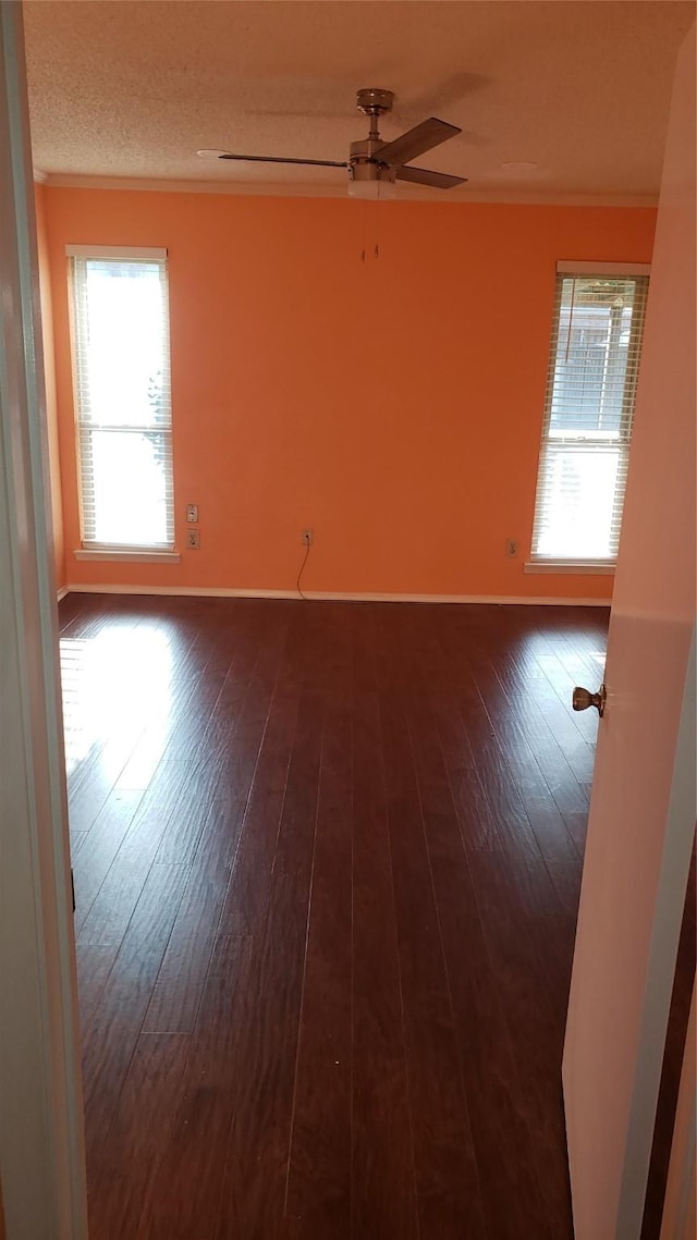 unfurnished room with crown molding, ceiling fan, dark wood-type flooring, and a textured ceiling