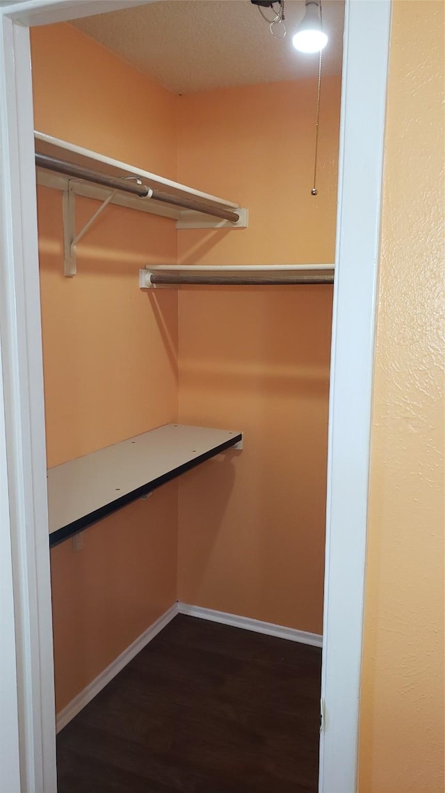 walk in closet with dark wood-type flooring