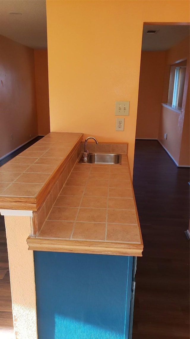 kitchen with wood-type flooring, blue cabinets, and sink