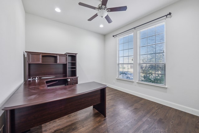 office space with dark hardwood / wood-style floors and ceiling fan