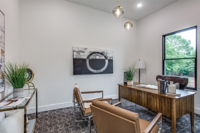 office with recessed lighting, dark colored carpet, and baseboards