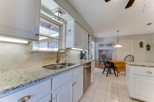 kitchen with hanging light fixtures, sink, stainless steel dishwasher, and white cabinets