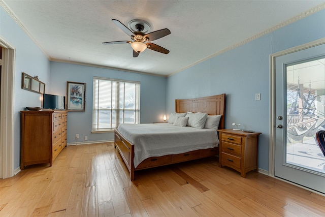 bedroom with ceiling fan, access to exterior, ornamental molding, light hardwood / wood-style floors, and a textured ceiling