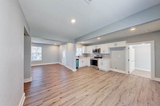 kitchen featuring white cabinets, light hardwood / wood-style floors, and appliances with stainless steel finishes