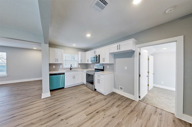 kitchen featuring tasteful backsplash, white cabinetry, sink, and appliances with stainless steel finishes