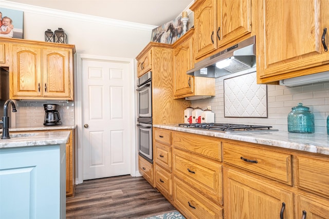 kitchen with tasteful backsplash, sink, ornamental molding, stainless steel appliances, and dark wood-type flooring