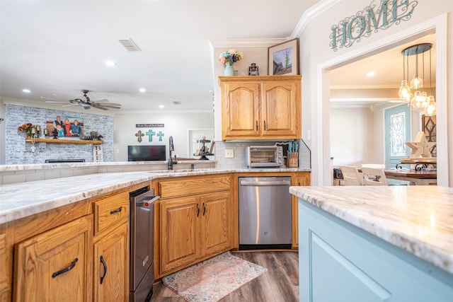 kitchen featuring sink, backsplash, dark hardwood / wood-style flooring, ornamental molding, and stainless steel dishwasher