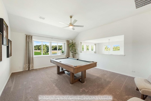 game room with plenty of natural light, lofted ceiling, carpet floors, and billiards