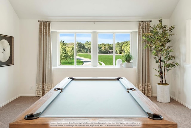 recreation room with carpet flooring, a wealth of natural light, lofted ceiling, and pool table