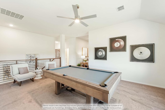 rec room with ceiling fan, light carpet, billiards, and vaulted ceiling