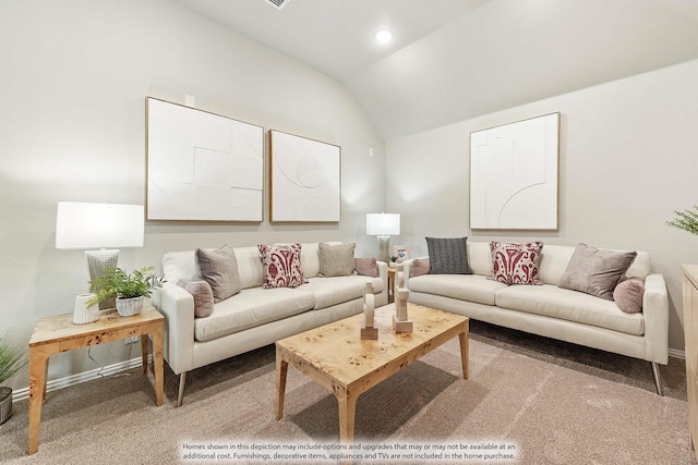 living room featuring carpet and lofted ceiling