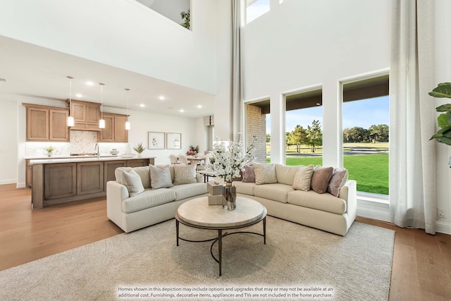 living room with a healthy amount of sunlight, a high ceiling, and light hardwood / wood-style flooring