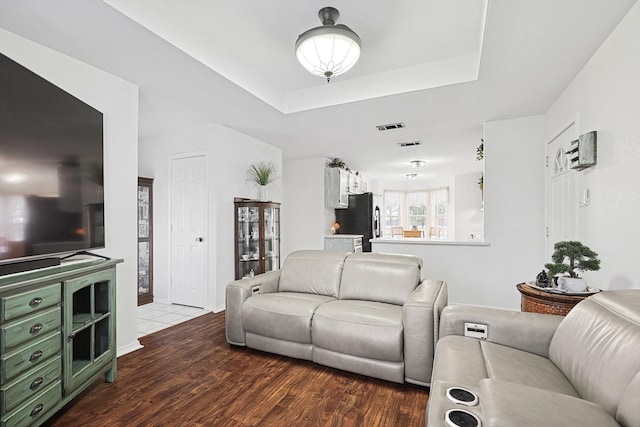 living room with dark hardwood / wood-style floors and a raised ceiling