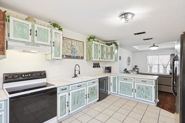 kitchen with white electric range oven, sink, light tile patterned floors, stainless steel fridge, and black dishwasher