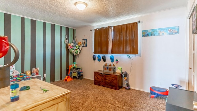 bedroom featuring carpet flooring, a textured ceiling, and ornamental molding