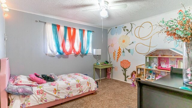 carpeted bedroom featuring ceiling fan, crown molding, and a textured ceiling