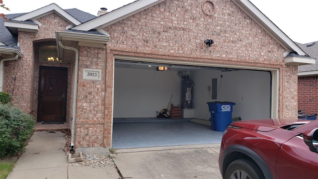 exterior space featuring secured water heater, electric panel, and a garage door opener