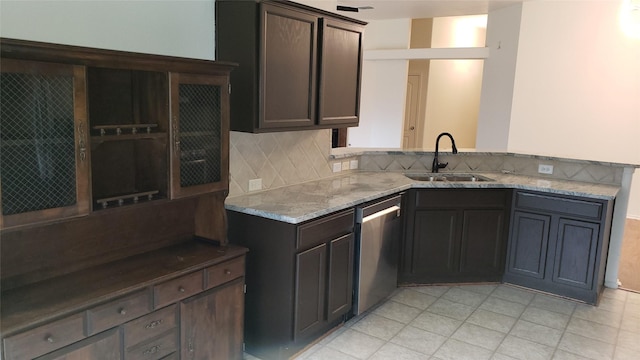 kitchen with sink, stainless steel dishwasher, decorative backsplash, dark brown cabinets, and kitchen peninsula