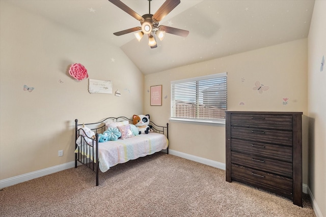 bedroom featuring lofted ceiling, light carpet, a ceiling fan, and baseboards