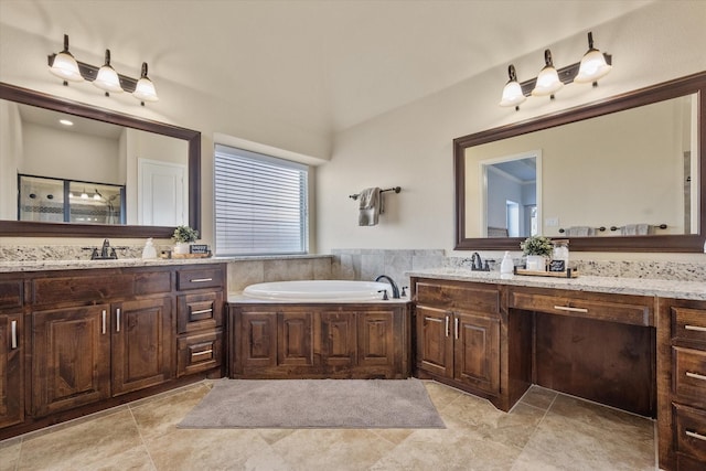 full bath featuring vanity, a shower stall, and a bath