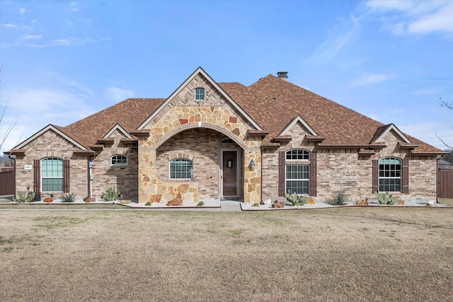 french country home featuring a shingled roof, brick siding, and a front lawn